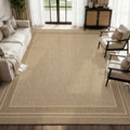 Geometric Bordered Indoor/Outdoor Area Rug In Warm Beige, UV-Resistant Easy-Clean Shed-Resistant Patio Rug For Deck, Porch & Dining Room