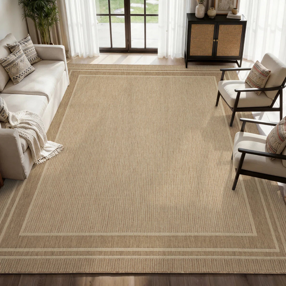 Geometric Bordered Indoor/Outdoor Area Rug In Warm Beige, UV-Resistant Easy-Clean Shed-Resistant Patio Rug For Deck, Porch & Dining Room