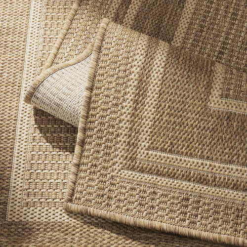 Geometric Bordered Indoor/Outdoor Area Rug In Warm Beige, UV-Resistant Easy-Clean Shed-Resistant Patio Rug For Deck, Porch & Dining Room