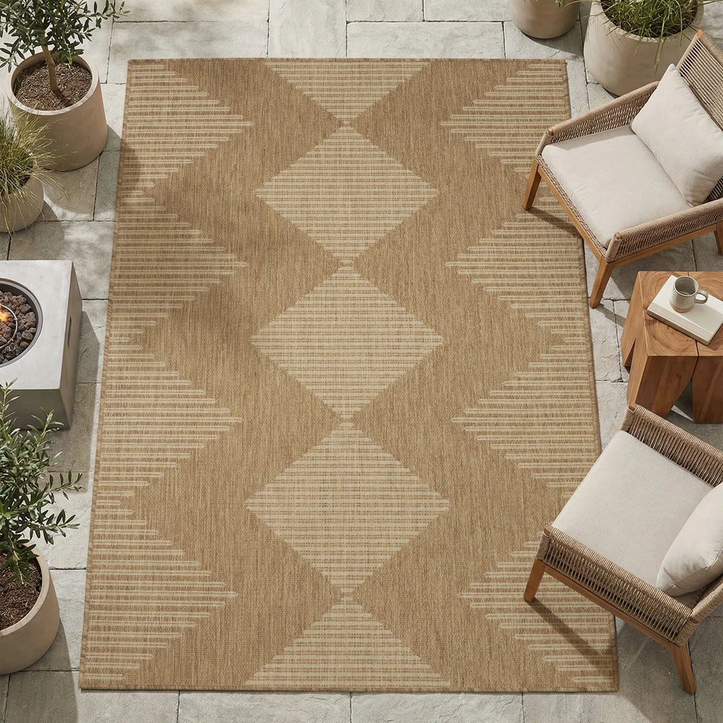 Modern Geometric UV-resistant Indoor / Outdoor Area Rug in Brown/Beige