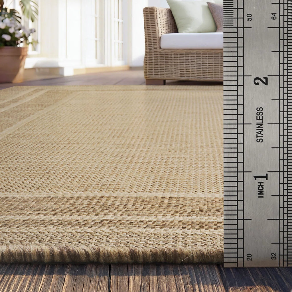 Geometric Bordered Indoor/Outdoor Area Rug In Warm Beige, UV-Resistant Easy-Clean Shed-Resistant Patio Rug For Deck, Porch & Dining Room