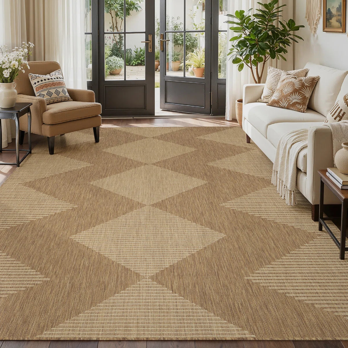 Modern Geometric UV-resistant Indoor / Outdoor Area Rug in Brown/Beige