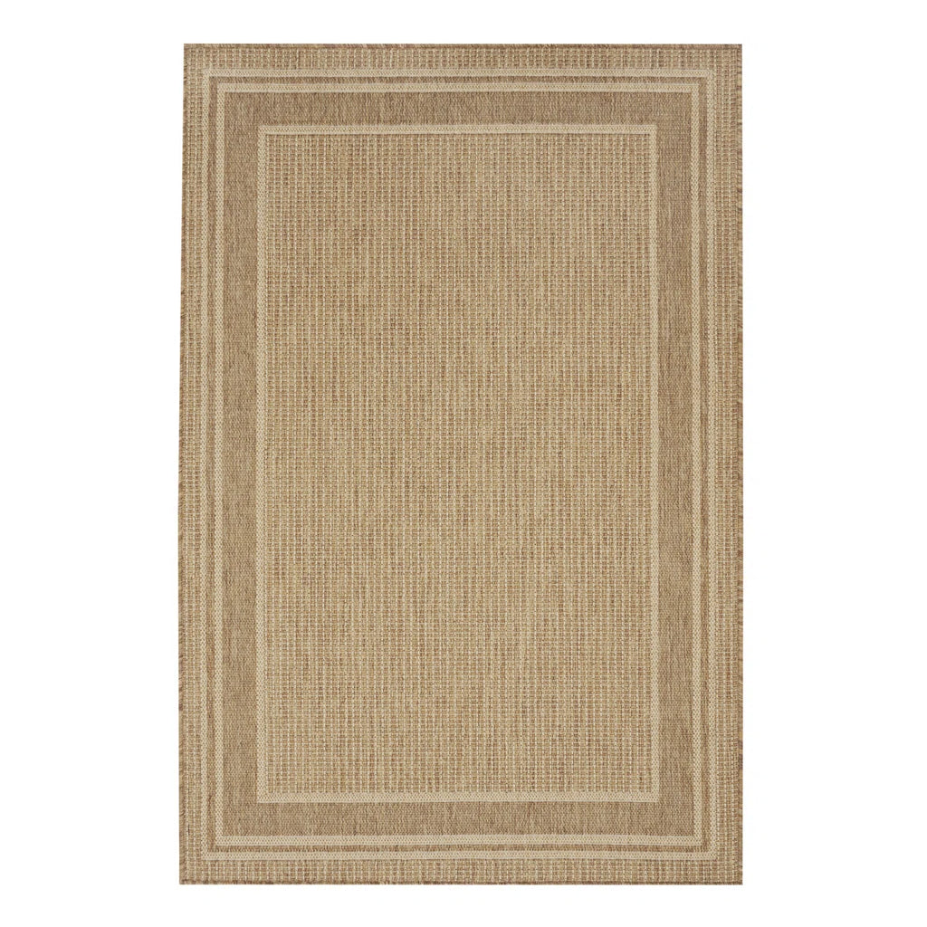 Geometric Bordered Indoor/Outdoor Area Rug In Warm Beige, UV-Resistant Easy-Clean Shed-Resistant Patio Rug For Deck, Porch & Dining Room