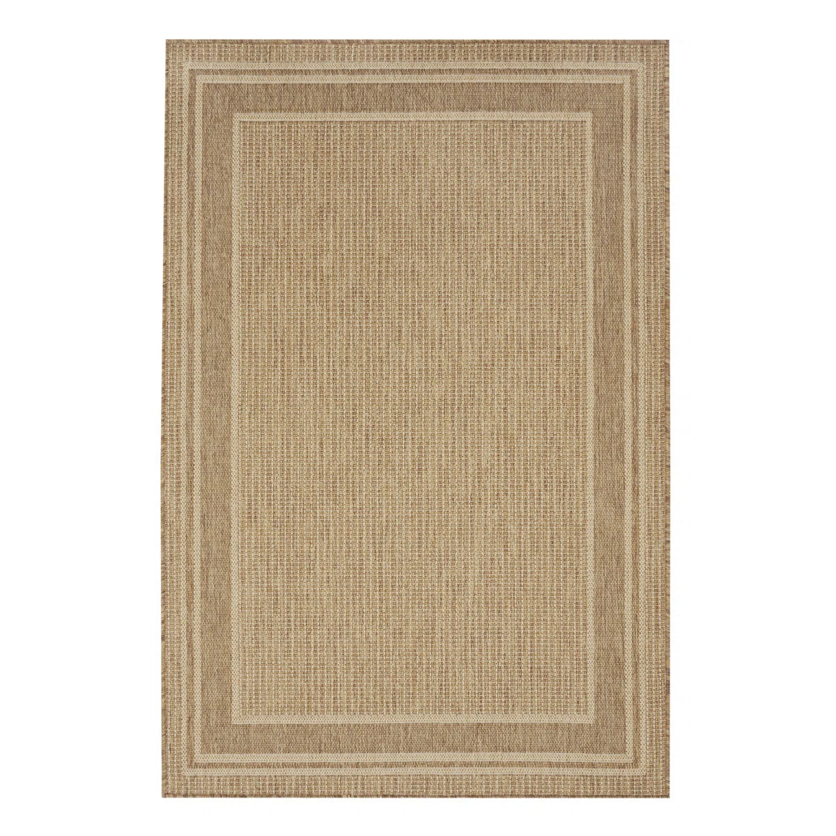 Geometric Bordered Indoor/Outdoor Area Rug In Warm Beige, UV-Resistant Easy-Clean Shed-Resistant Patio Rug For Deck, Porch & Dining Room
