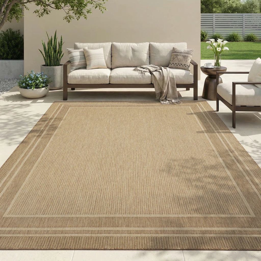 Geometric Bordered Indoor/Outdoor Area Rug In Warm Beige, UV-Resistant Easy-Clean Shed-Resistant Patio Rug For Deck, Porch & Dining Room