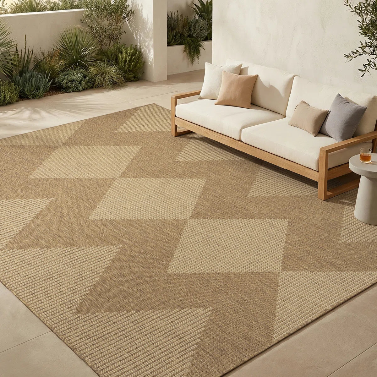 Modern Geometric UV-resistant Indoor / Outdoor Area Rug in Brown/Beige